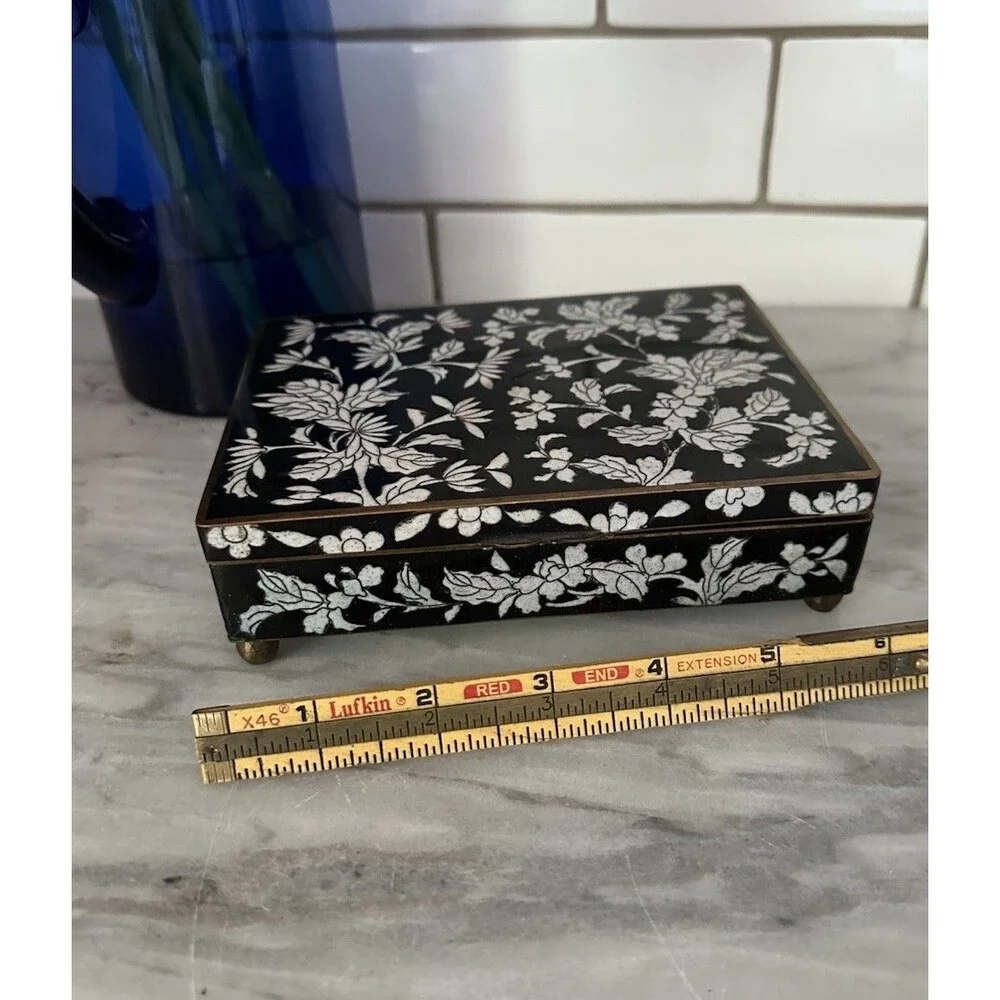 Early 20th Century Chinese Floral Cloisonné Cloisonne Black Box Brass Enamel